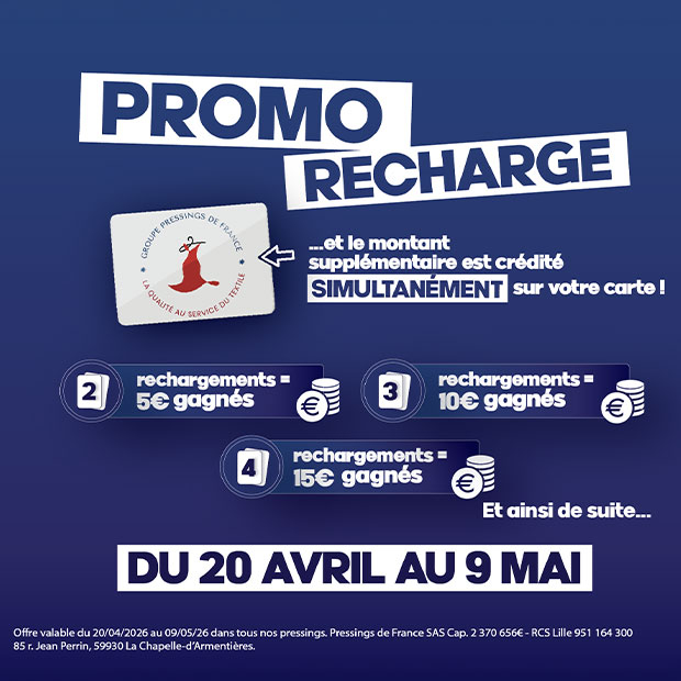Promo recharge chez Alizés Pressing du 20 avril au 9 mai 2026